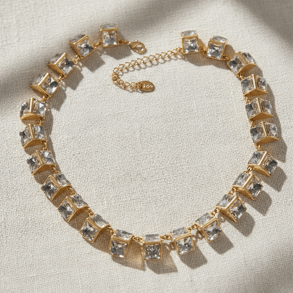 Vintage 18K Gold Plated Geometric Figure Crystal Necklace - Box Turtle