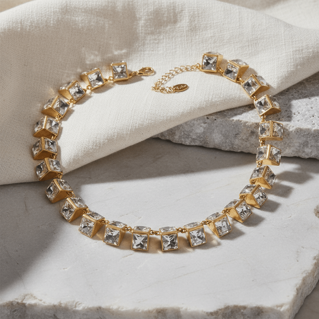 Vintage 18K Gold Plated Geometric Figure Crystal Necklace - Box Turtle