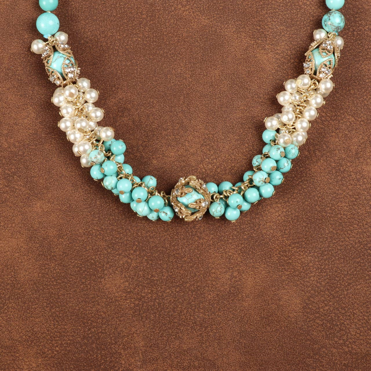 Vintage 18K Gold Plated Turquoise & Cluster Pearls Necklace - Box Turtle