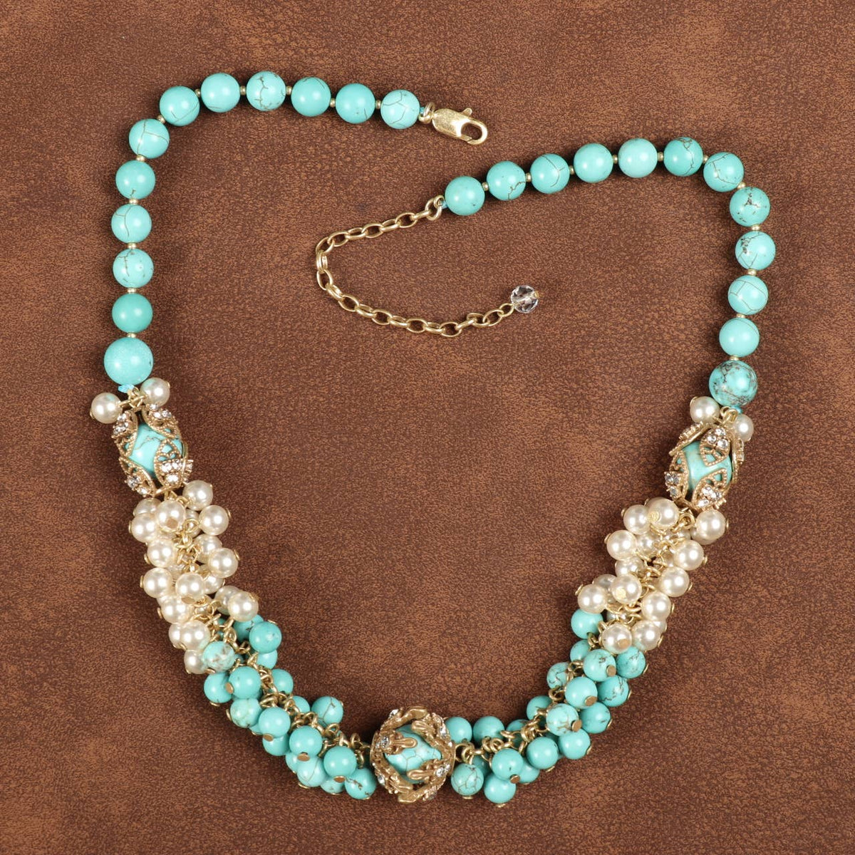 Vintage 18K Gold Plated Turquoise & Cluster Pearls Necklace - Box Turtle