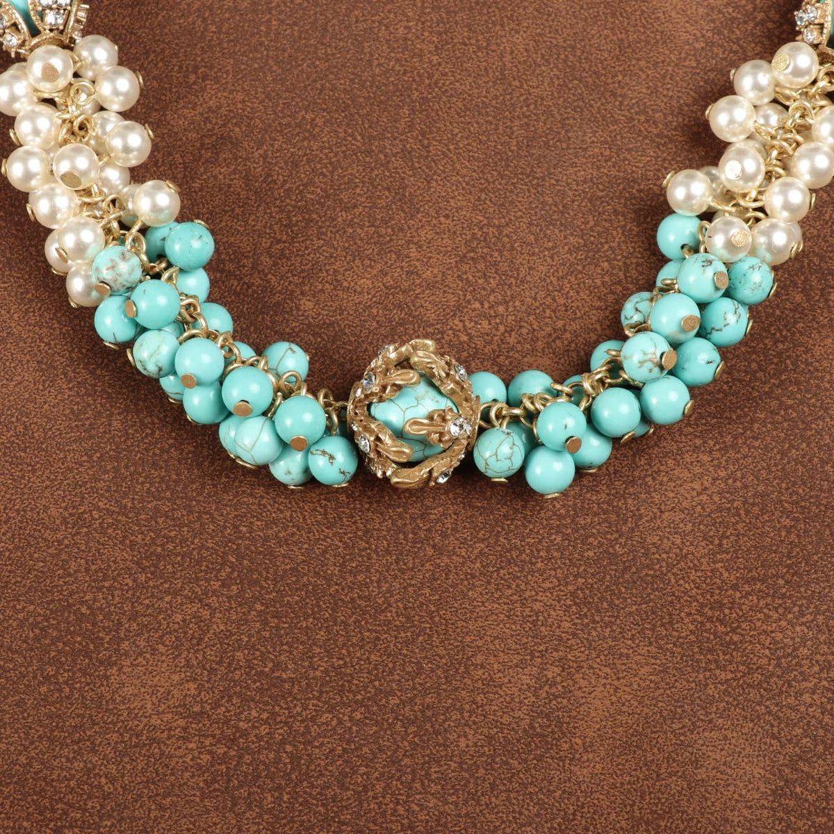 Vintage 18K Gold Plated Turquoise & Cluster Pearls Necklace - Box Turtle