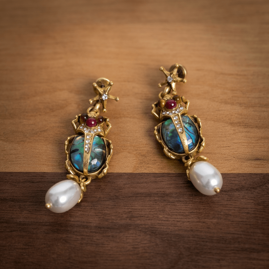 Vintage Colorful Shell Beetle & Faux Pearl Dangle Earrings - Box Turtle