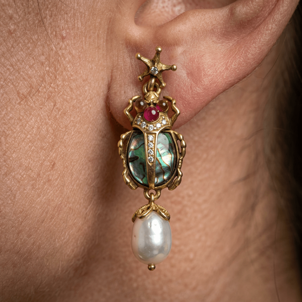 Vintage Colorful Shell Beetle & Faux Pearl Dangle Earrings - Box Turtle