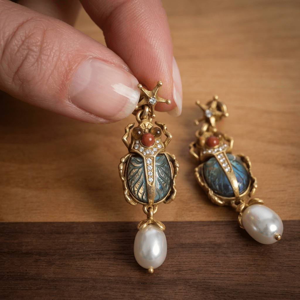 Vintage Colorful Shell Beetle & Faux Pearl Dangle Earrings - Box Turtle