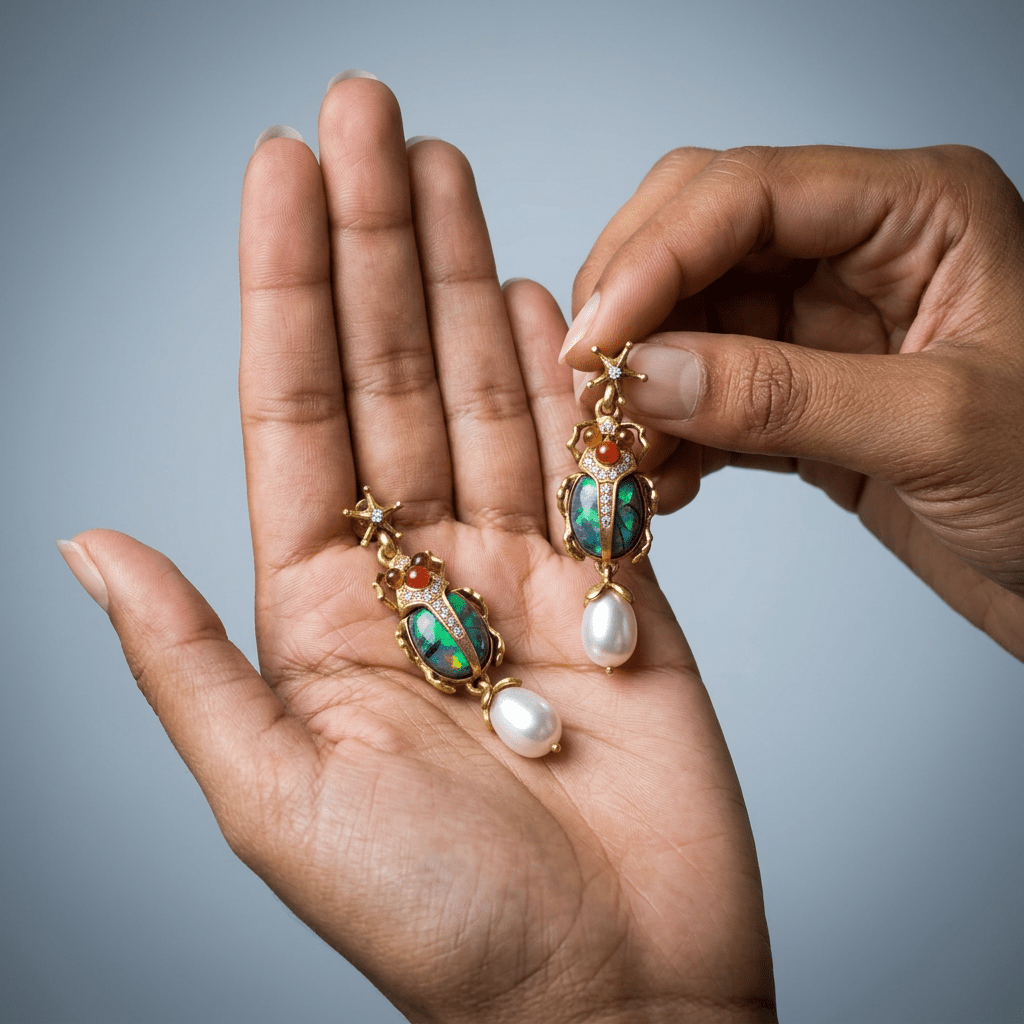 Vintage Colorful Shell Beetle & Faux Pearl Dangle Earrings - Box Turtle