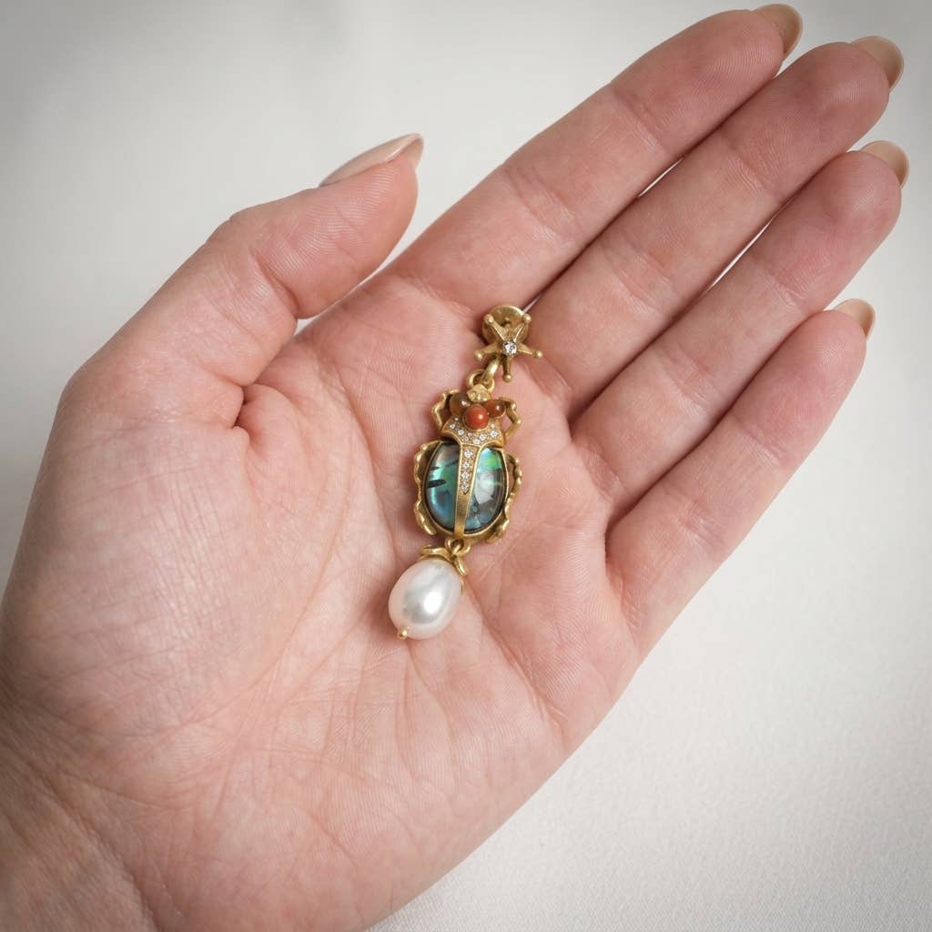 Vintage Colorful Shell Beetle & Faux Pearl Dangle Earrings - Box Turtle