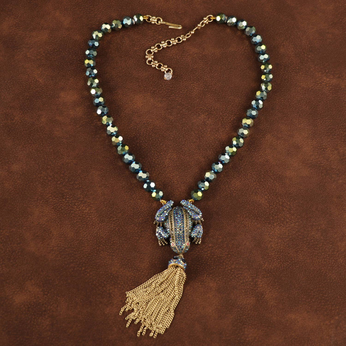 Vintage Frog Gold plated Necklace with Tassel and Crystal - Box Turtle