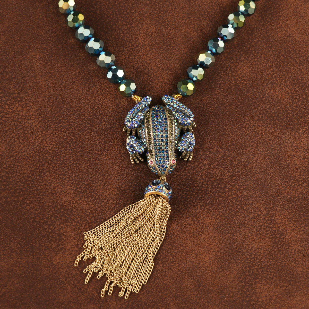 Vintage Frog Gold plated Necklace with Tassel and Crystal - Box Turtle