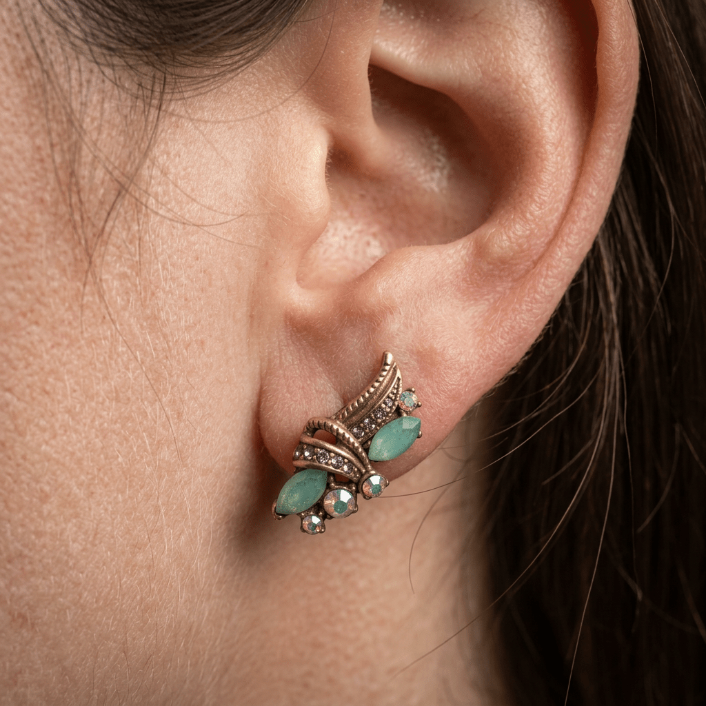 Vintage Gold Plated Colorful Floral Green Crystals Earrings - Box Turtle
