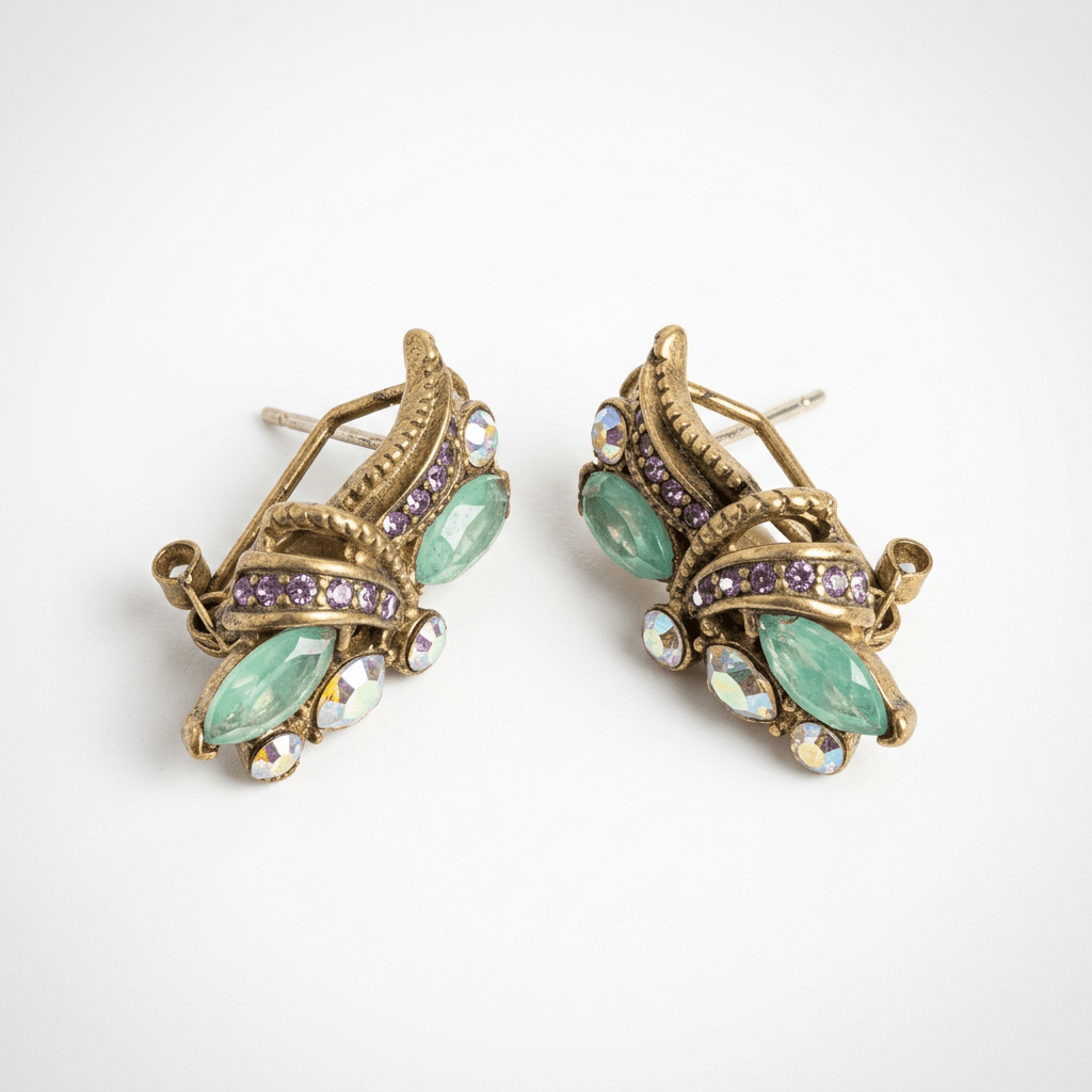 Vintage Gold Plated Colorful Floral Green Crystals Earrings - Box Turtle