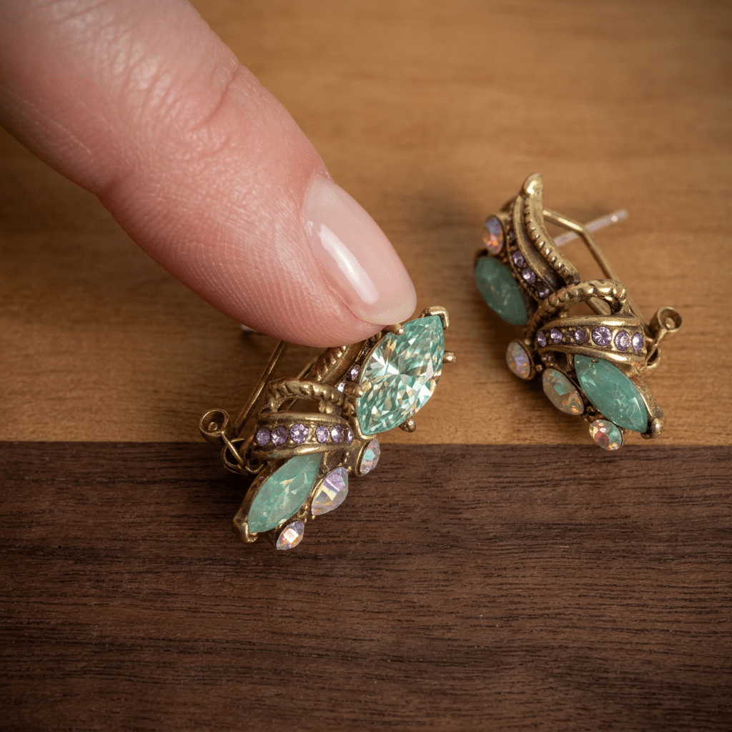Vintage Gold Plated Colorful Floral Green Crystals Earrings - Box Turtle