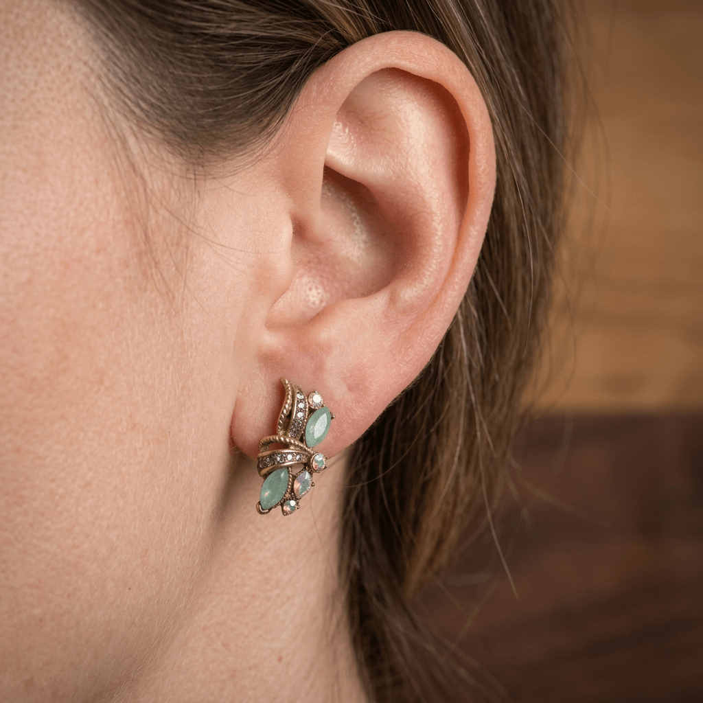 Vintage Gold Plated Colorful Floral Green Crystals Earrings - Box Turtle