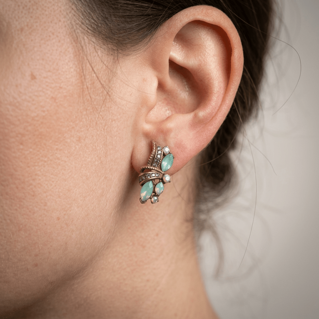 Vintage Gold Plated Colorful Floral Green Crystals Earrings - Box Turtle