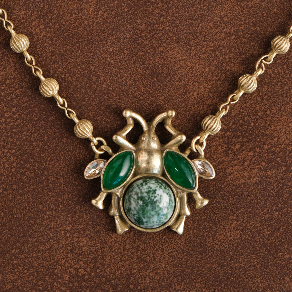 Vintage Gold Plated Green Agate Beetle Pendant Necklace - Box Turtle