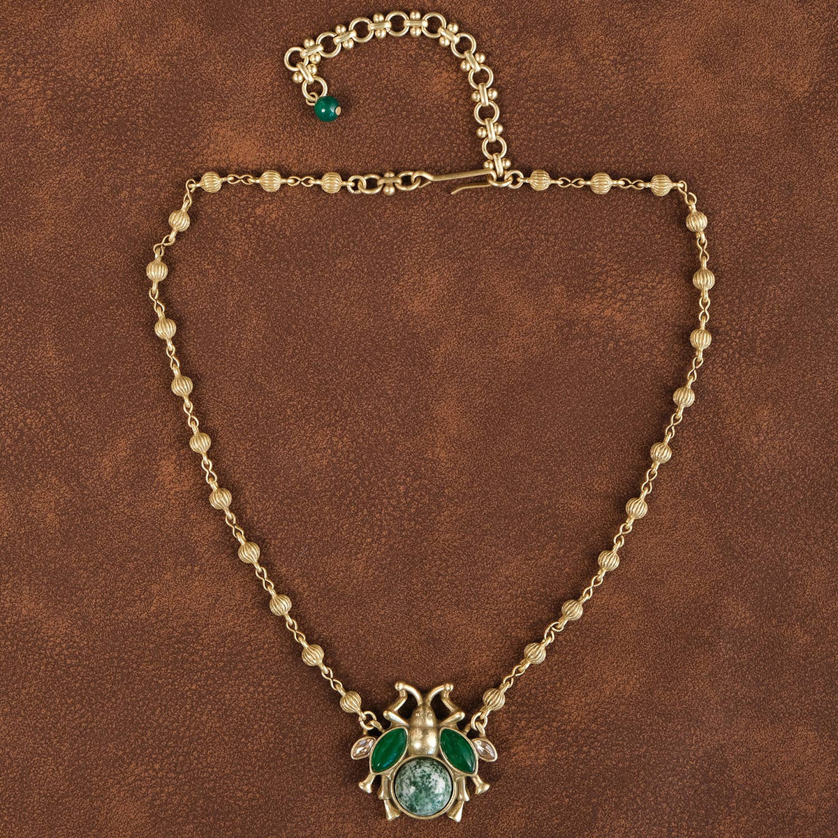 Vintage Gold Plated Green Agate Beetle Pendant Necklace - Box Turtle