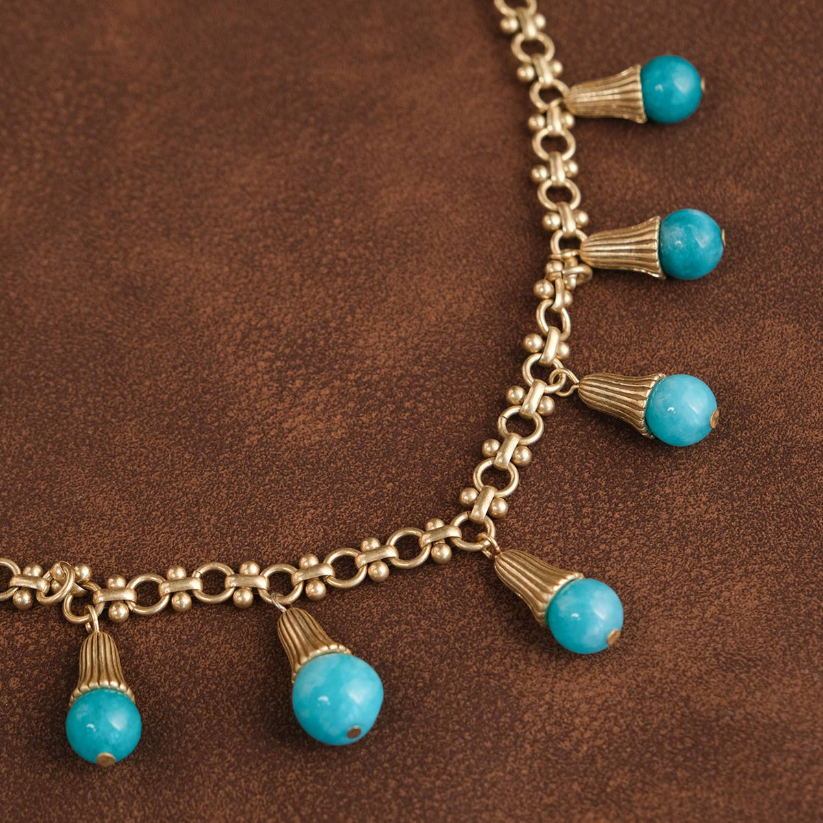 Vintage Gold Plated Natural Amazonite Drop Charms Necklace - Box Turtle