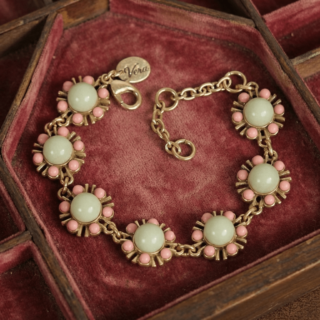 Vintage Gold-Plated Natural Amazonite &amp; Pink Bead Bracelet - Box Turtle