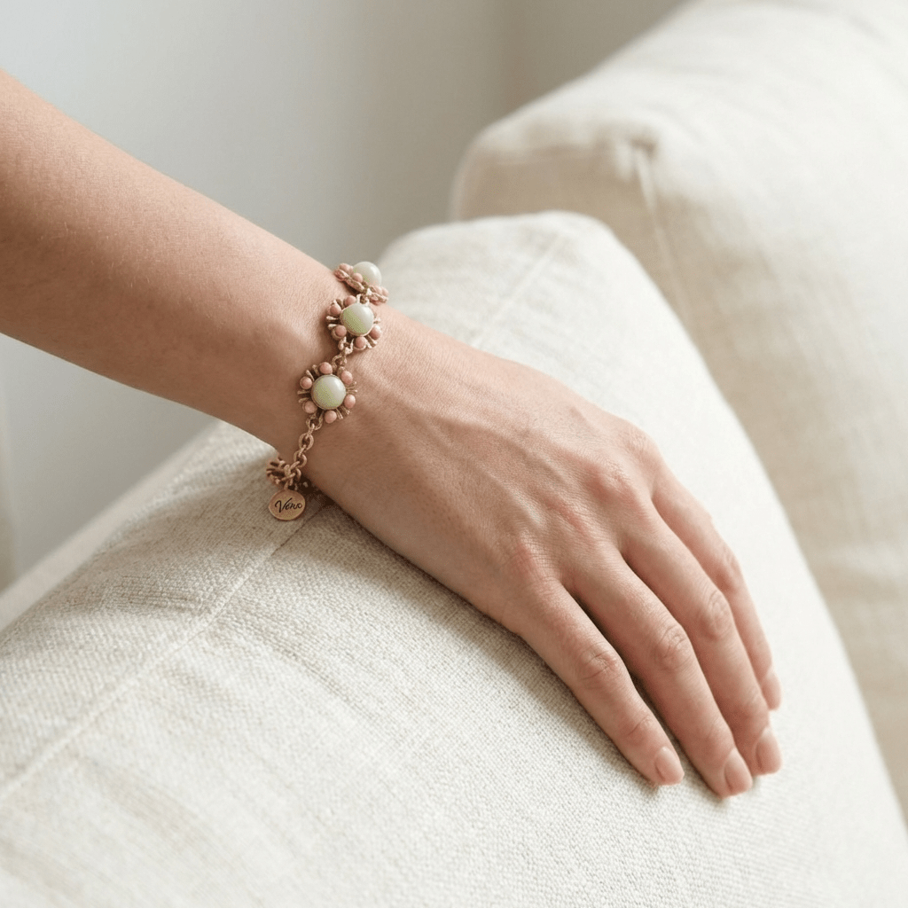 Vintage Gold-Plated Natural Amazonite &amp; Pink Bead Bracelet - Box Turtle