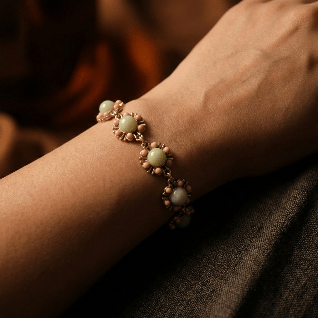 Vintage Gold-Plated Natural Amazonite &amp; Pink Bead Bracelet - Box Turtle