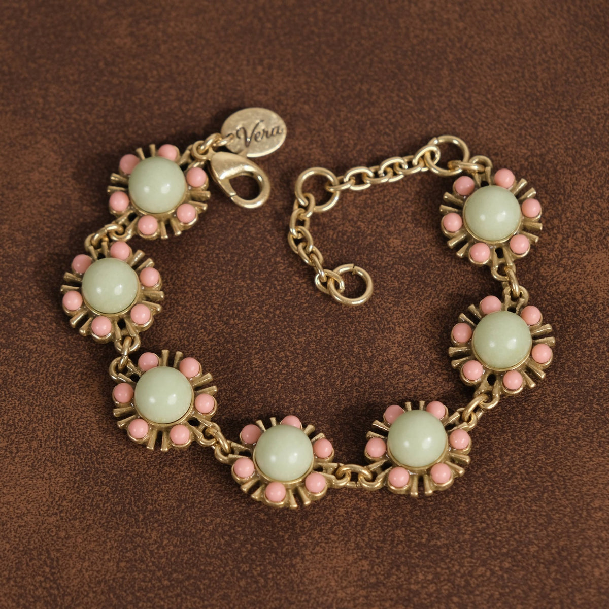 Vintage Gold-Plated Natural Amazonite &amp; Pink Bead Bracelet - Box Turtle