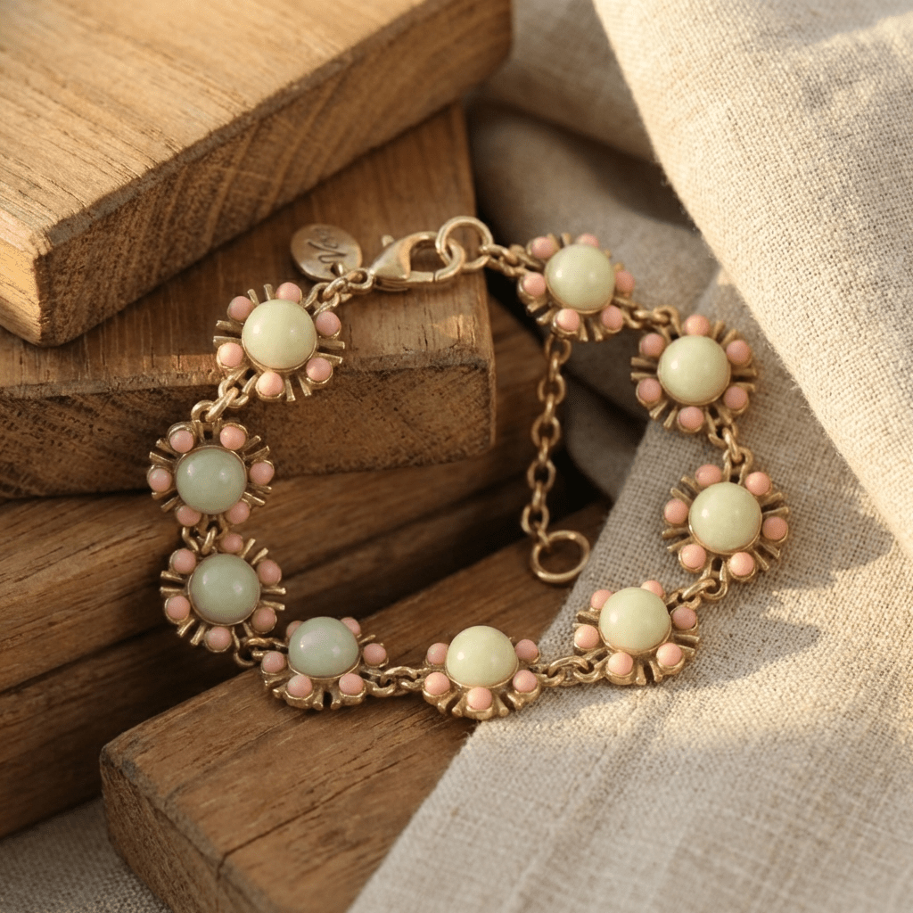 Vintage Gold-Plated Natural Amazonite &amp; Pink Bead Bracelet - Box Turtle