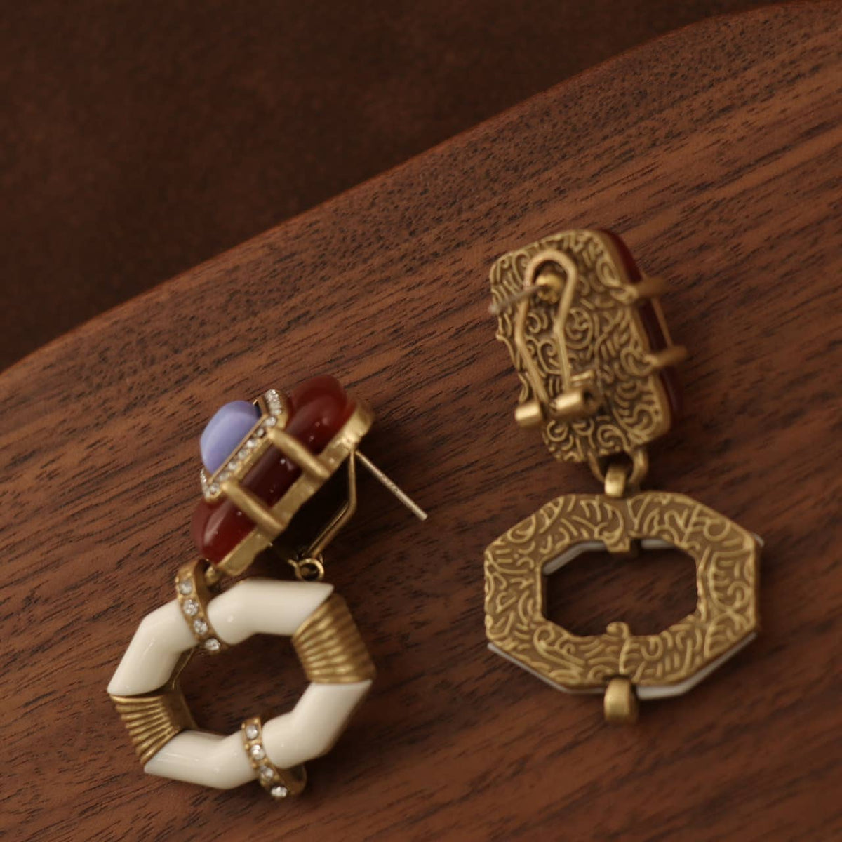Vintage Gold-Plated Purple Stone &amp; Enamel Dangle Earrings - Box Turtle