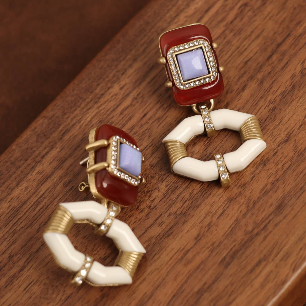 Vintage Gold-Plated Purple Stone &amp; Enamel Dangle Earrings - Box Turtle