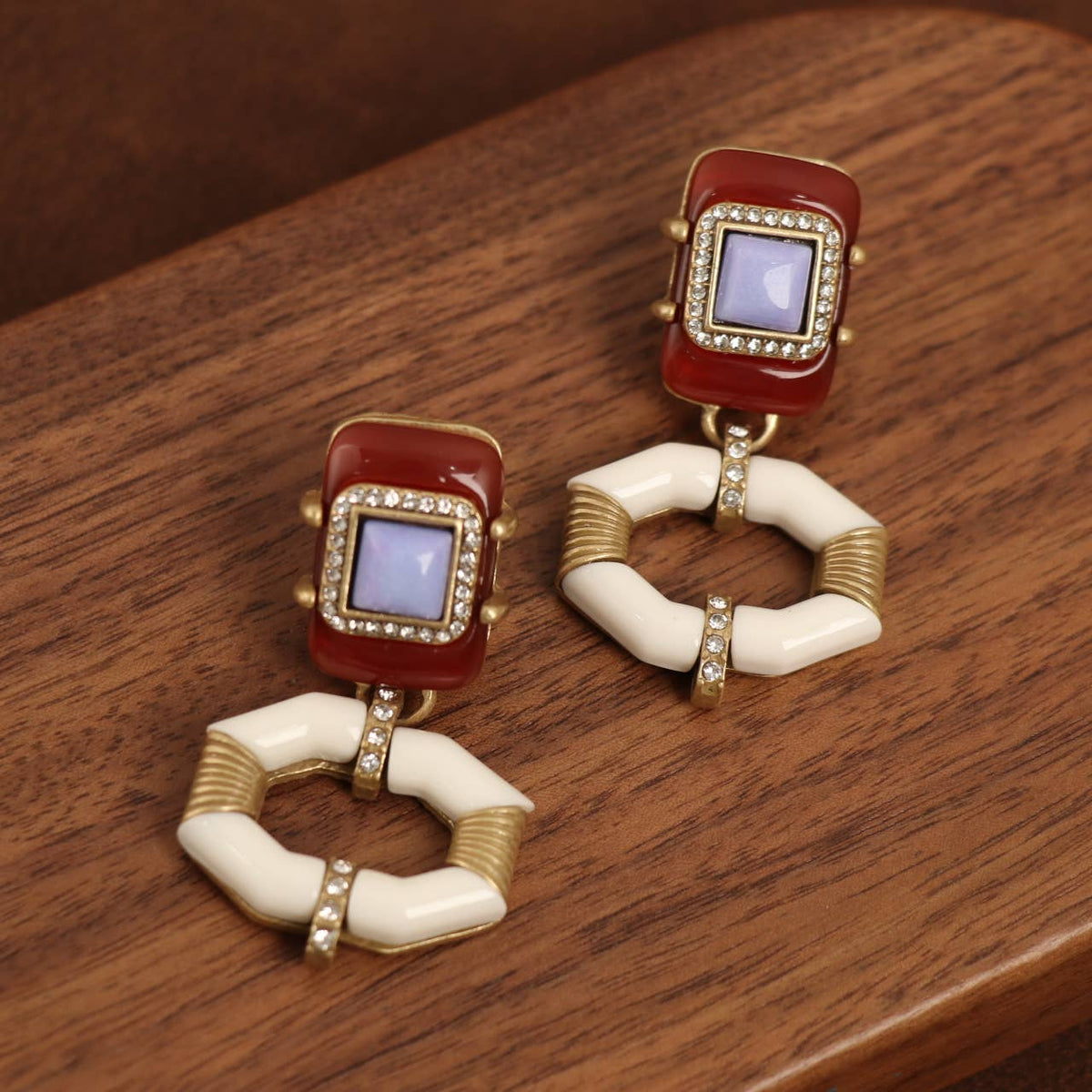 Vintage Gold-Plated Purple Stone &amp; Enamel Dangle Earrings - Box Turtle