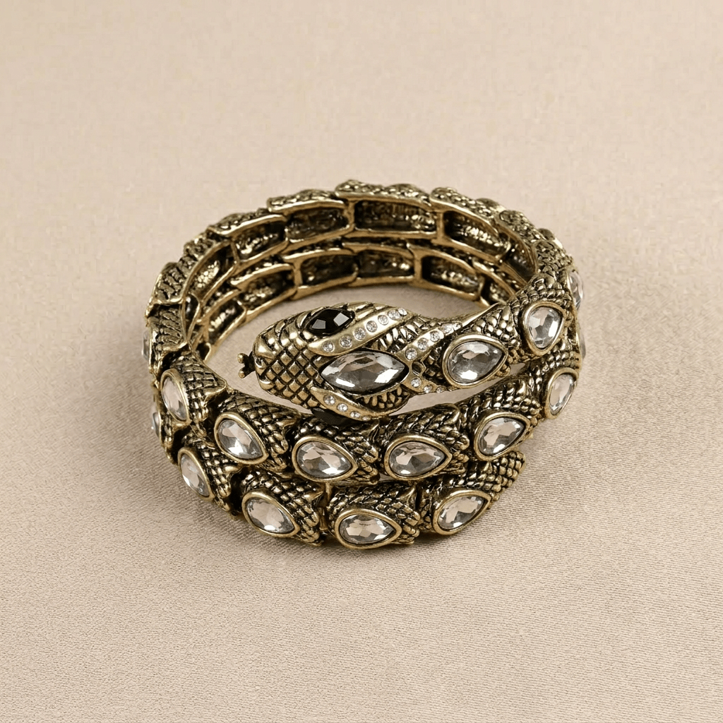 Vintage Gold Plated Serpentine Winding Crystal Bangle - Box Turtle