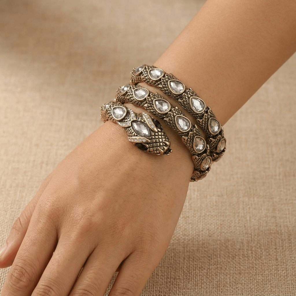 Vintage Gold Plated Serpentine Winding Crystal Bangle - Box Turtle