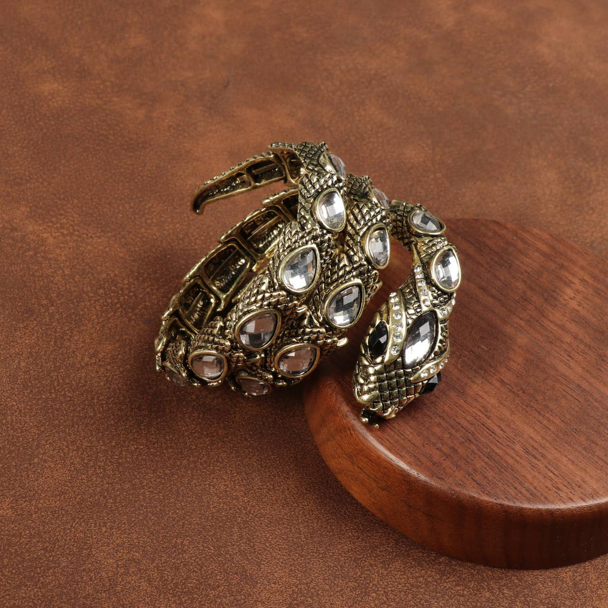 Vintage Gold Plated Serpentine Winding Crystal Bangle - Box Turtle