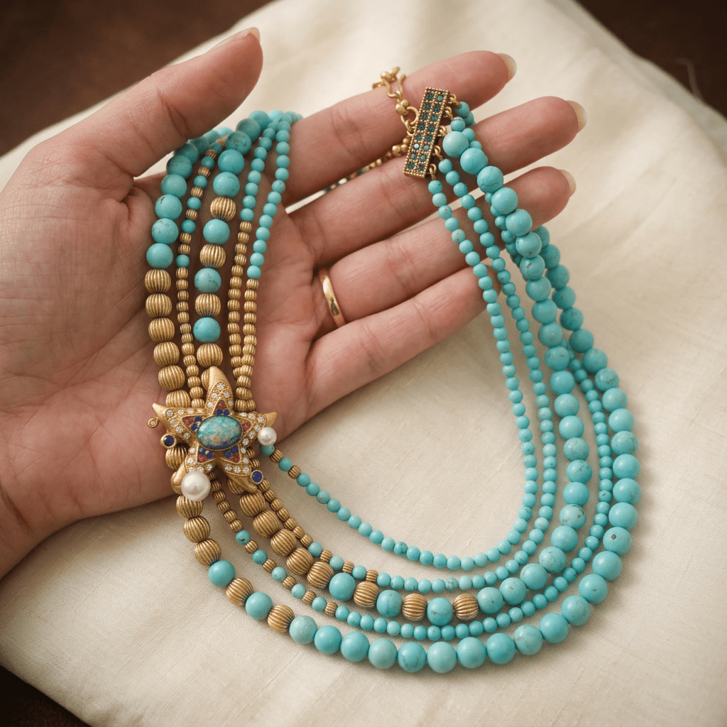 Vintage Gold-Plated Turquoise&Crystal Multi-Layer Necklace - Box Turtle