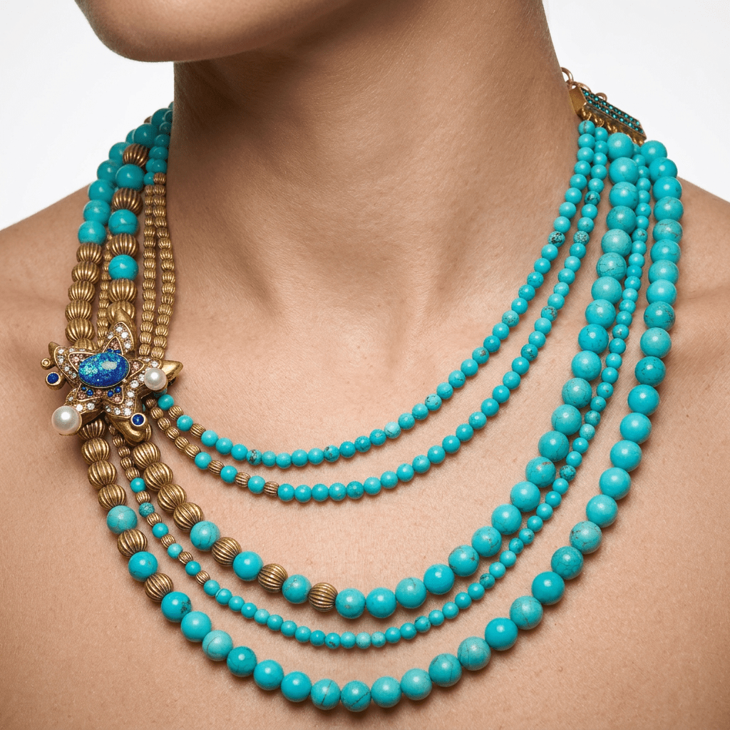 Vintage Gold-Plated Turquoise&Crystal Multi-Layer Necklace - Box Turtle
