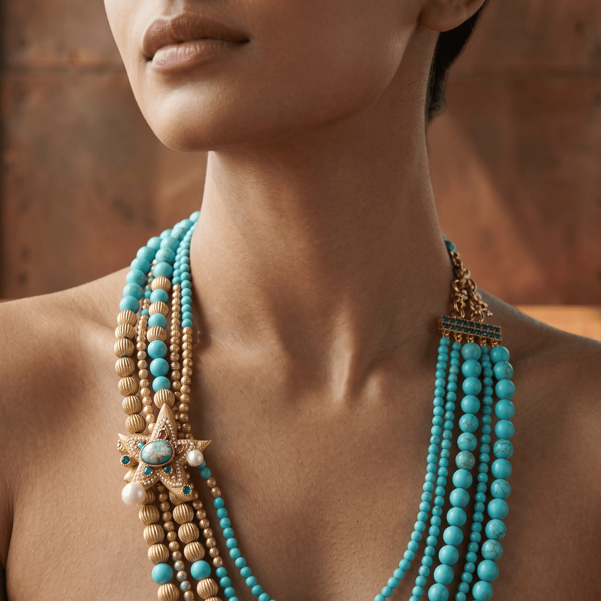 Vintage Gold-Plated Turquoise&Crystal Multi-Layer Necklace - Box Turtle