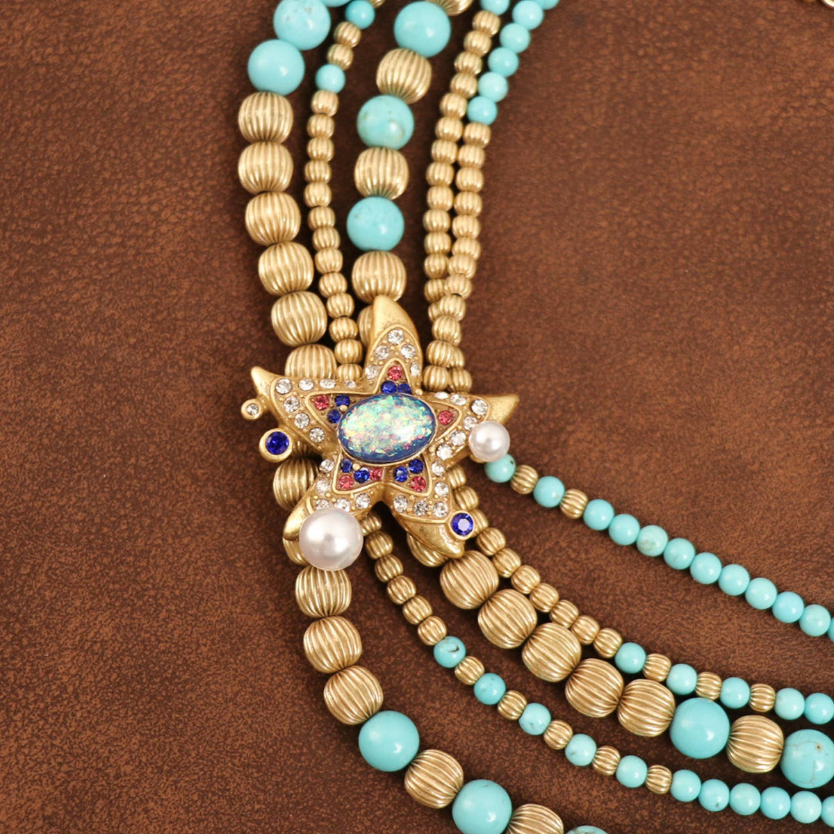 Vintage Gold-Plated Turquoise&Crystal Multi-Layer Necklace - Box Turtle