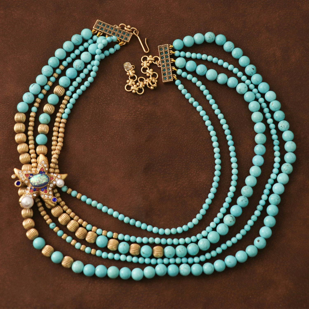 Vintage Gold-Plated Turquoise&Crystal Multi-Layer Necklace - Box Turtle