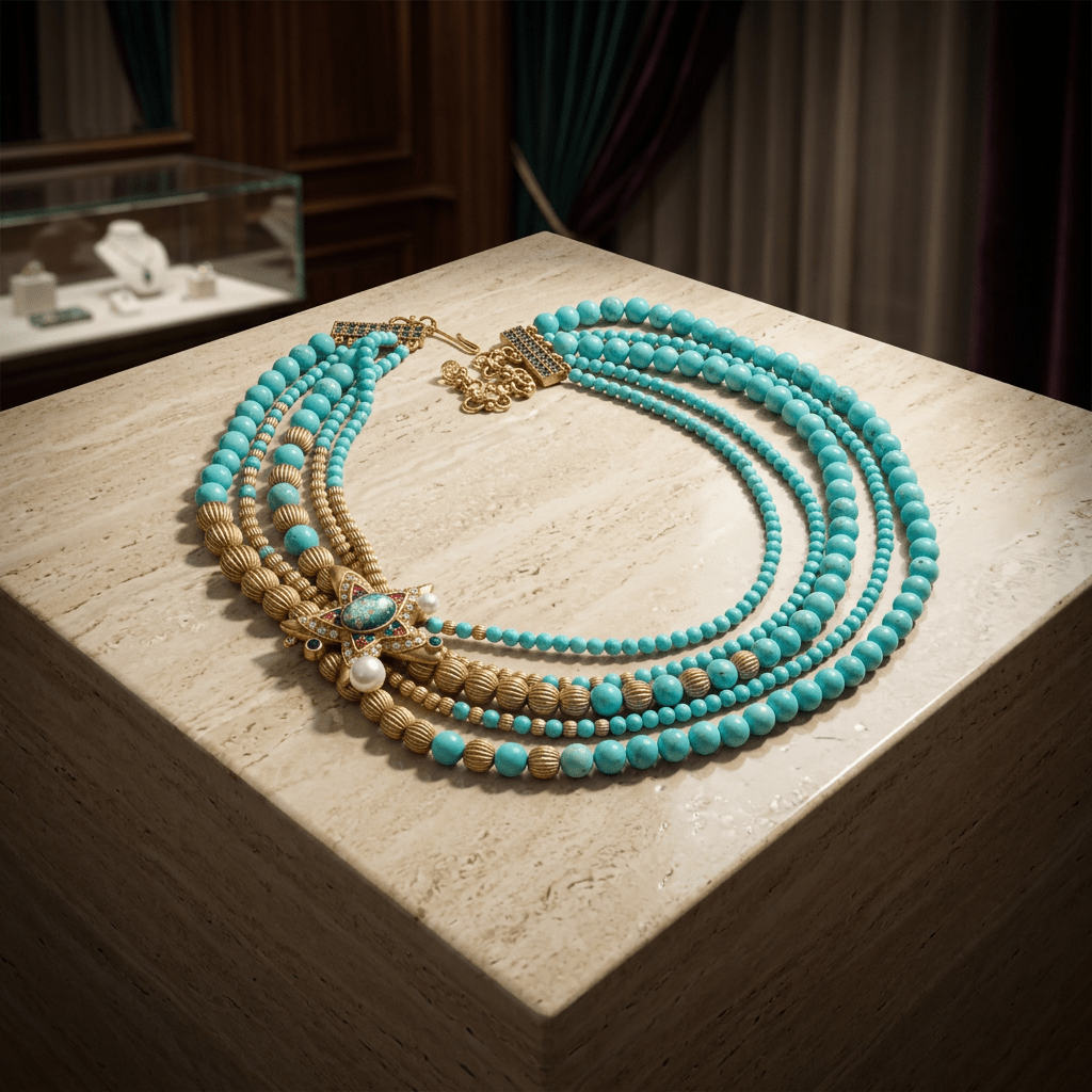 Vintage Gold-Plated Turquoise&Crystal Multi-Layer Necklace - Box Turtle