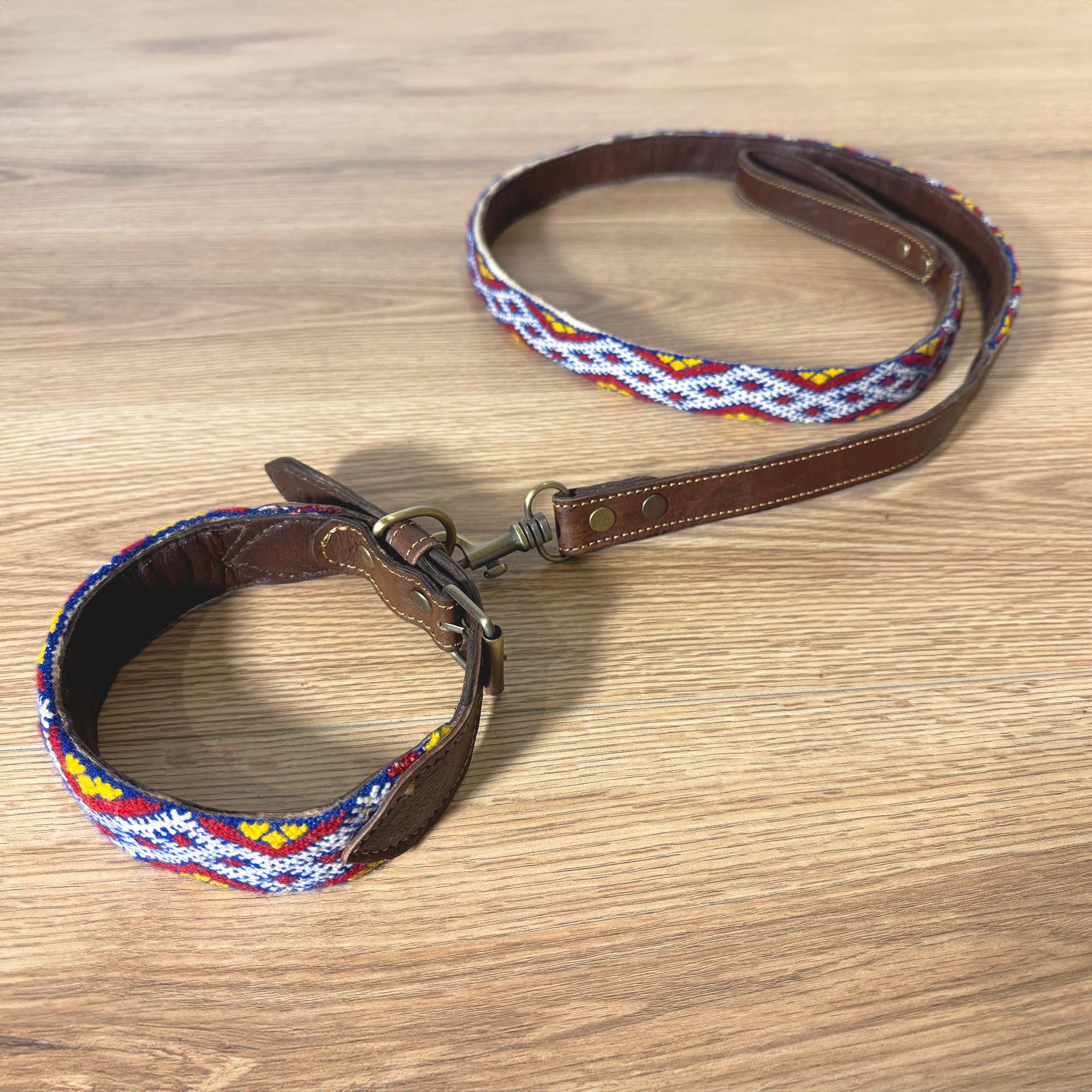 Vintage Kilim & Leather Dog Collar & Leash Set - Box Turtle