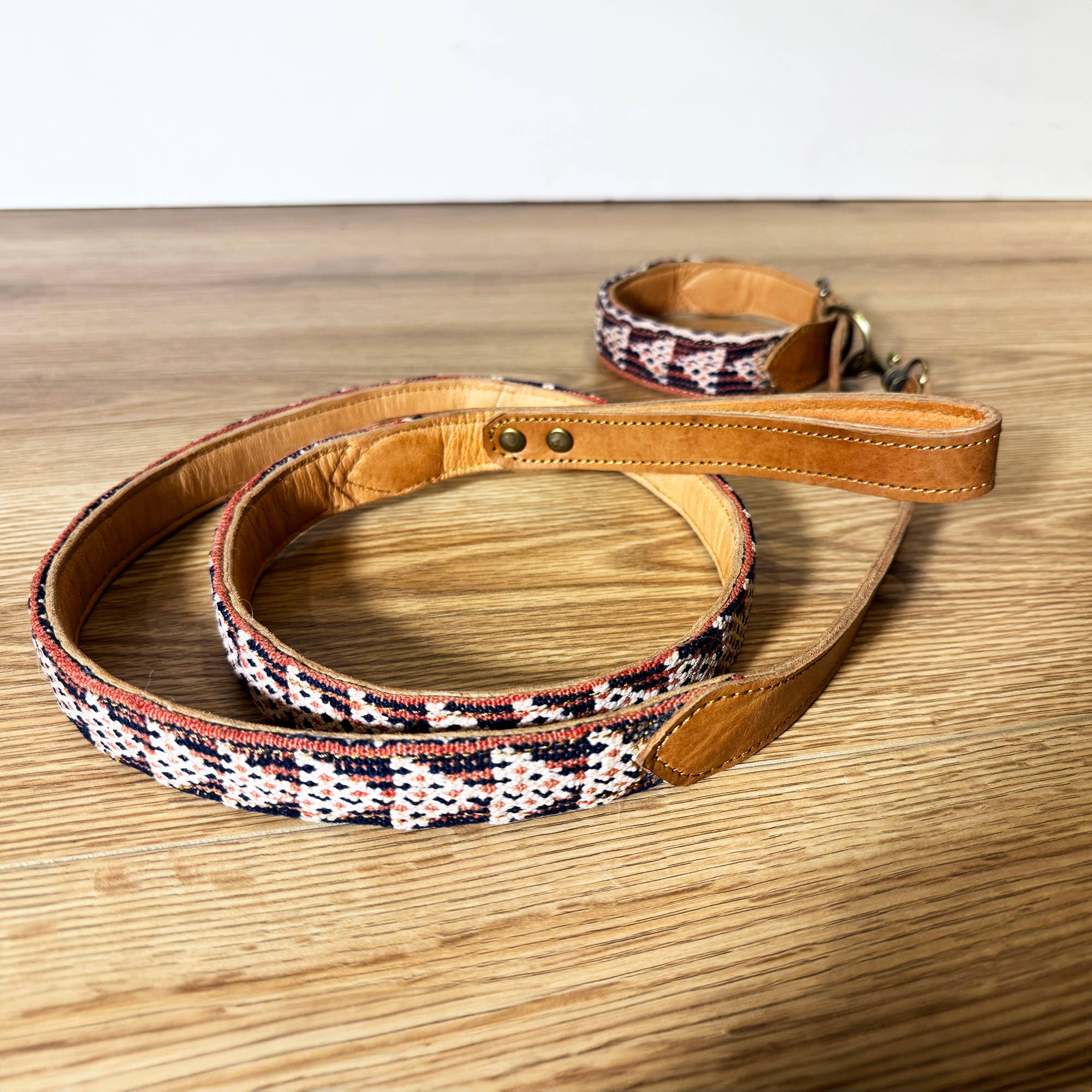Vintage Kilim & Leather Dog Collar & Leash Set - Box Turtle
