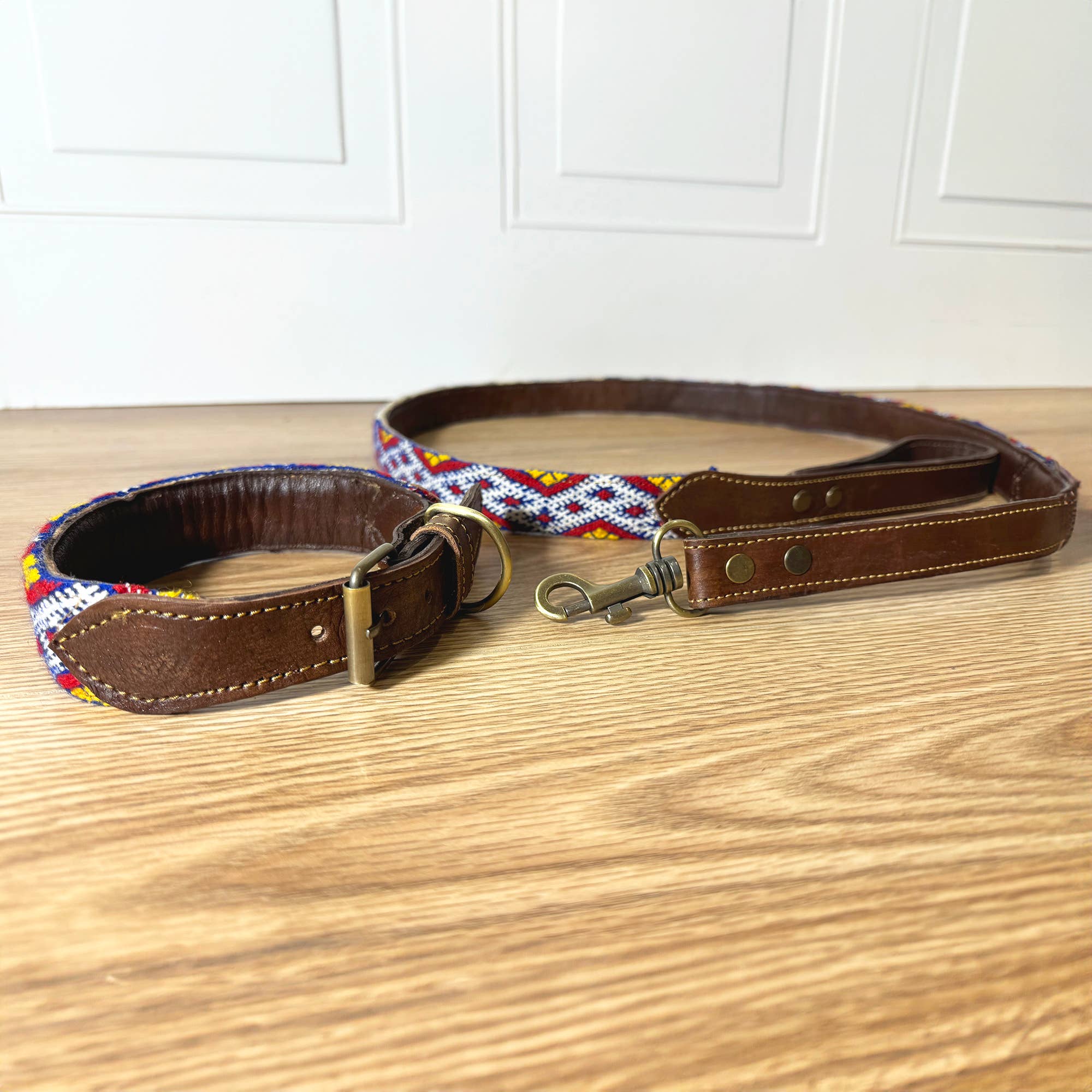 Vintage Kilim &amp; Leather Dog Collar &amp; Leash Set - Box Turtle