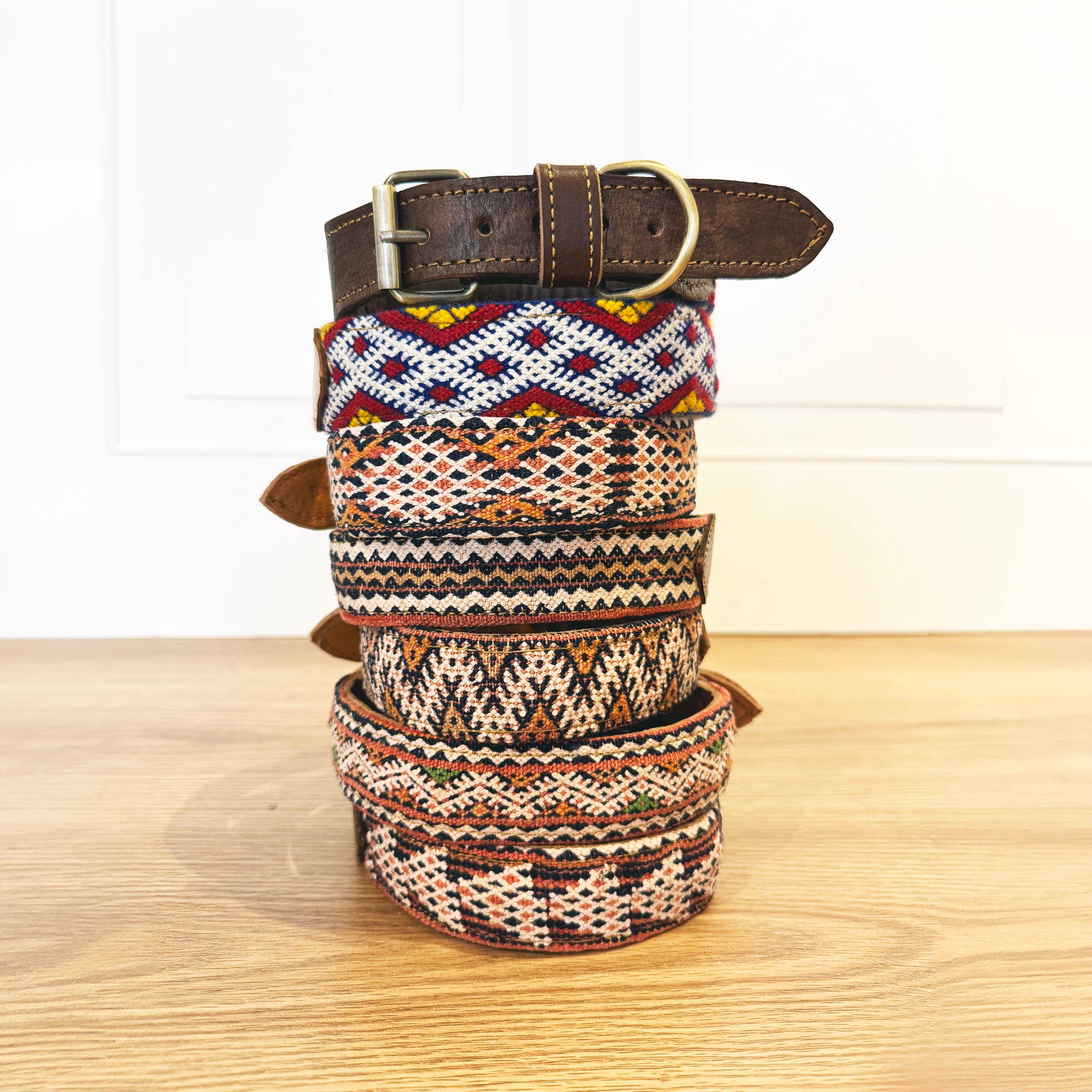Vintage Kilim & Leather Dog Collar & Leash Set - Box Turtle