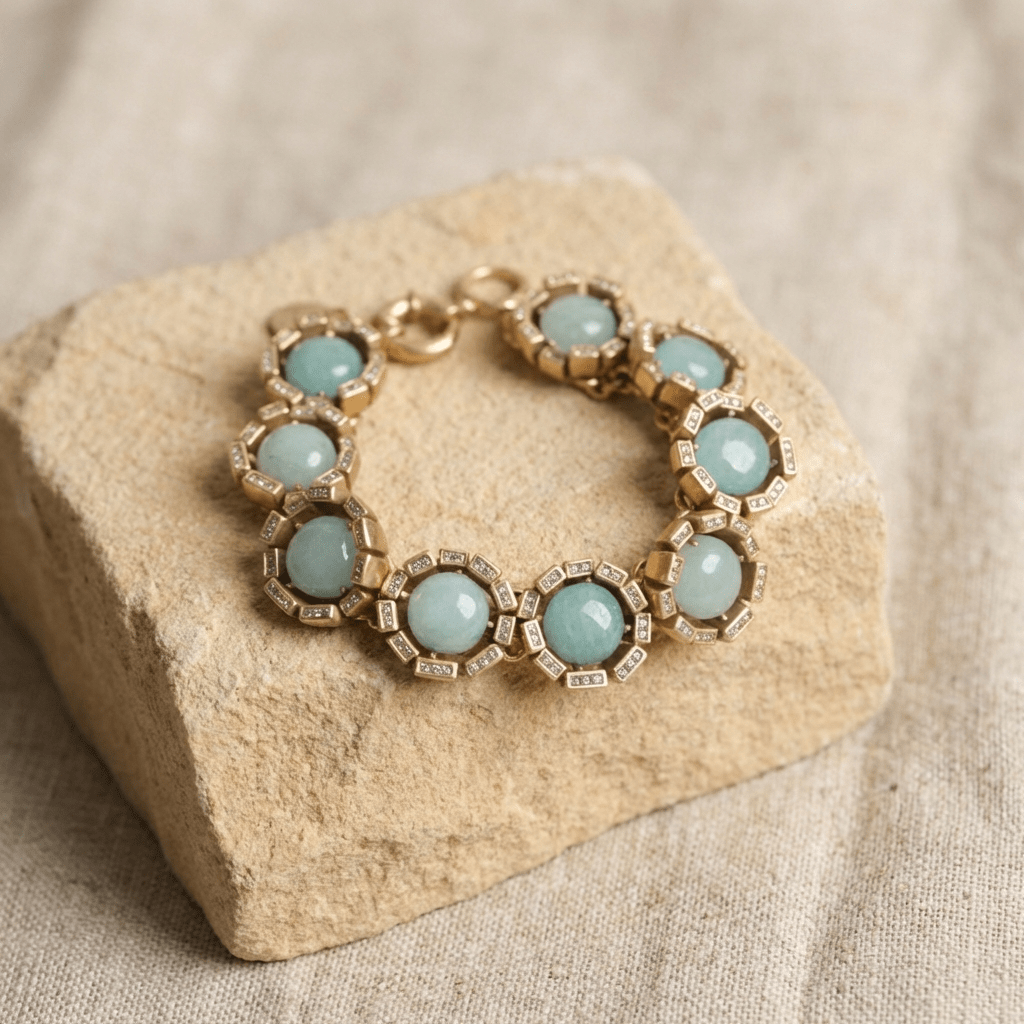 Vintage Mother’s Day Gold-Plated Natural Amazonite Bracelet - Box Turtle