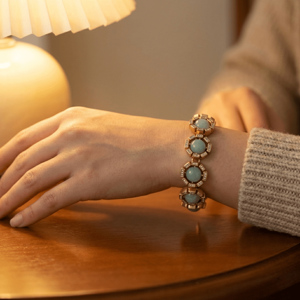 Vintage Mother’s Day Gold-Plated Natural Amazonite Bracelet - Box Turtle