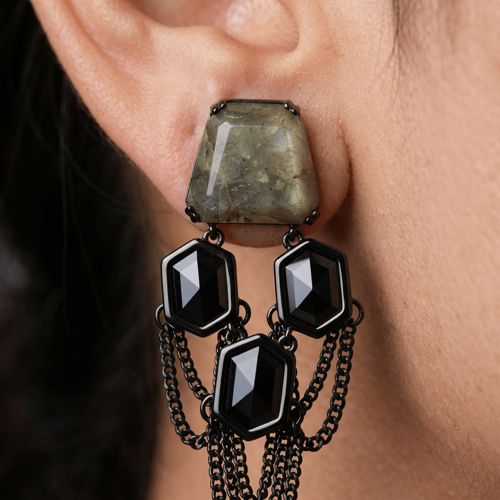 Vintage Natural Quartz &amp; Blue Crystals Tassel Dangle Earrings - Box Turtle
