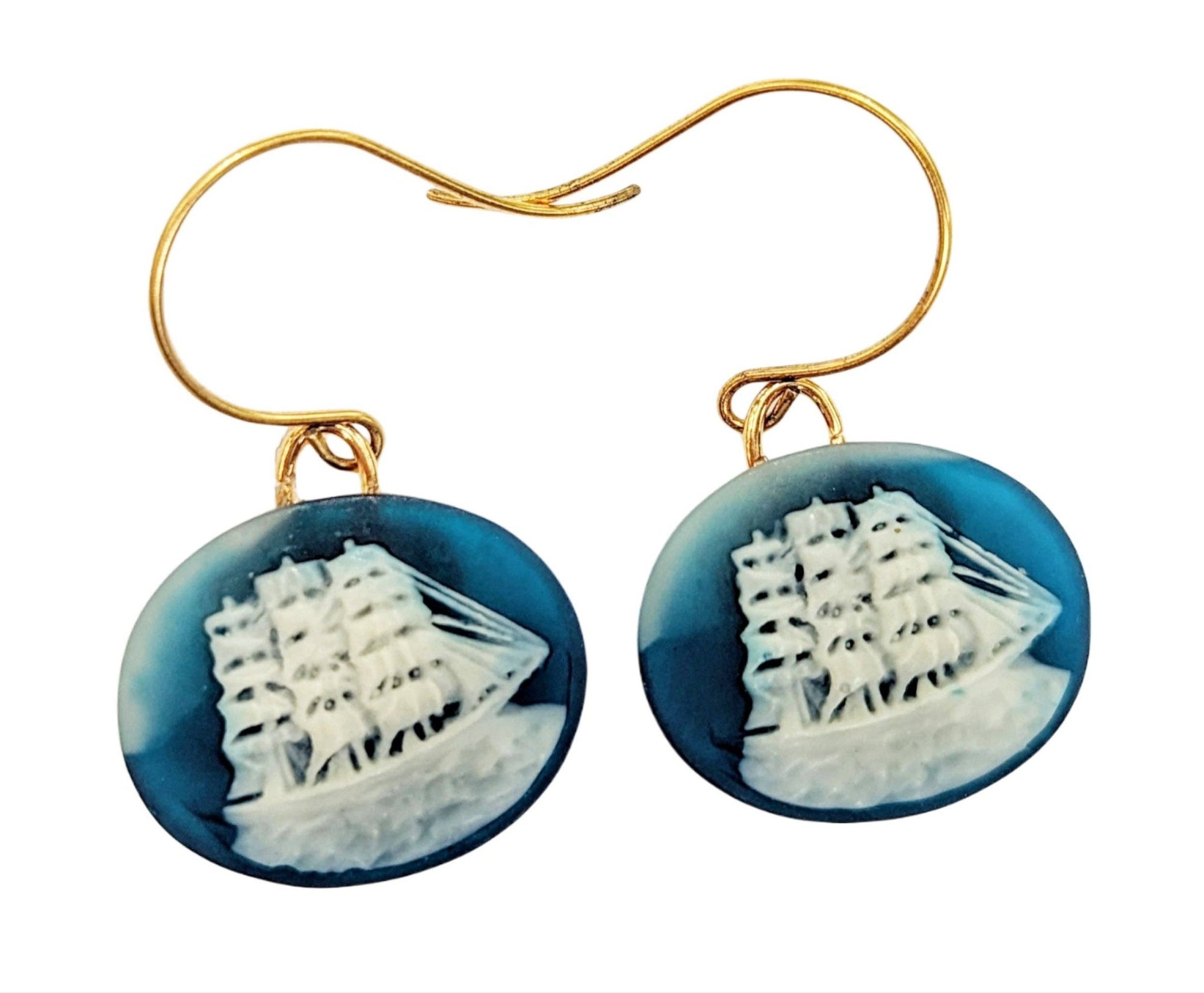 Vintage Tall Ship Cameo Earrings - Box Turtle