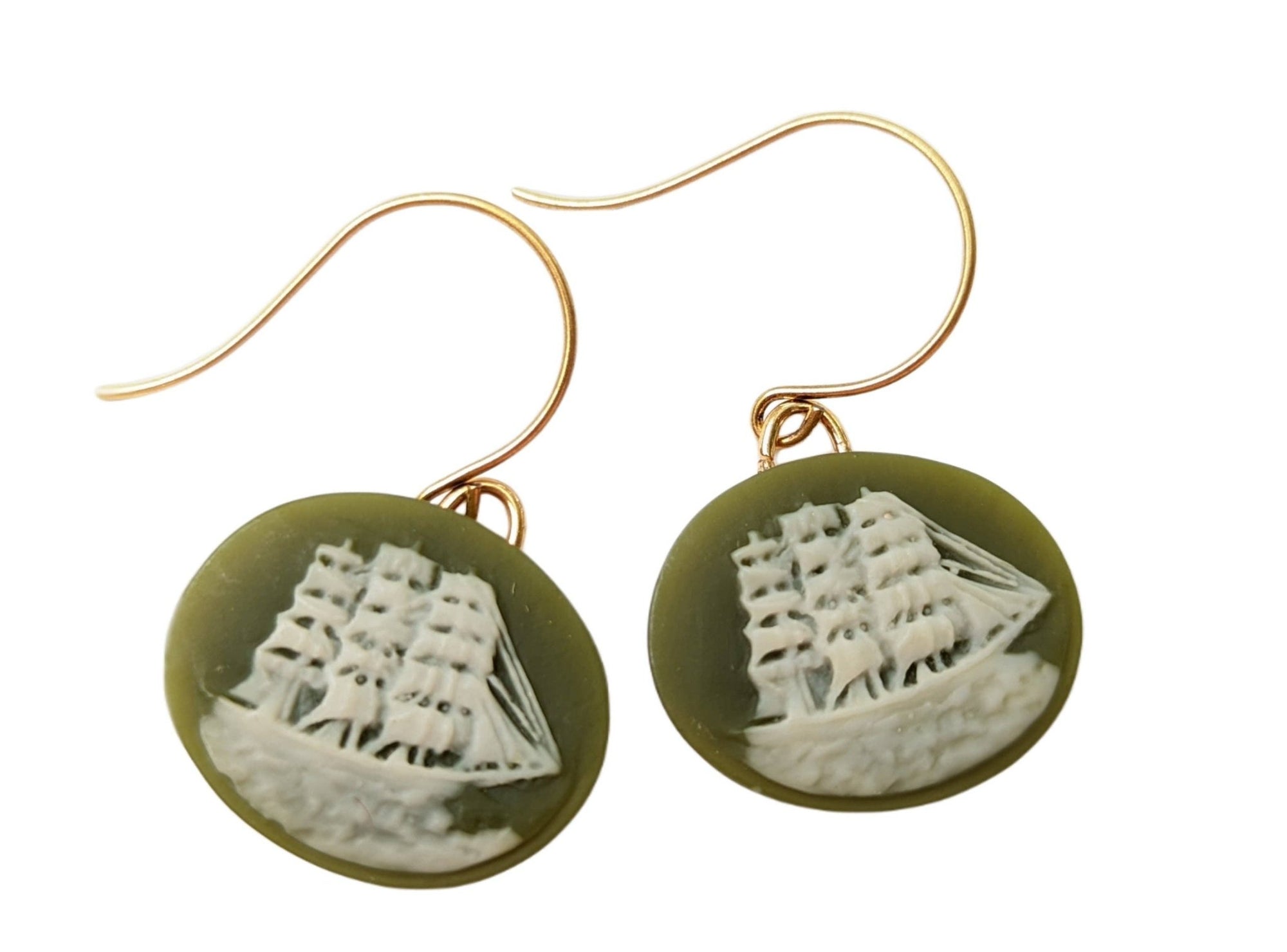 Vintage Tall Ship Cameo Earrings - Box Turtle