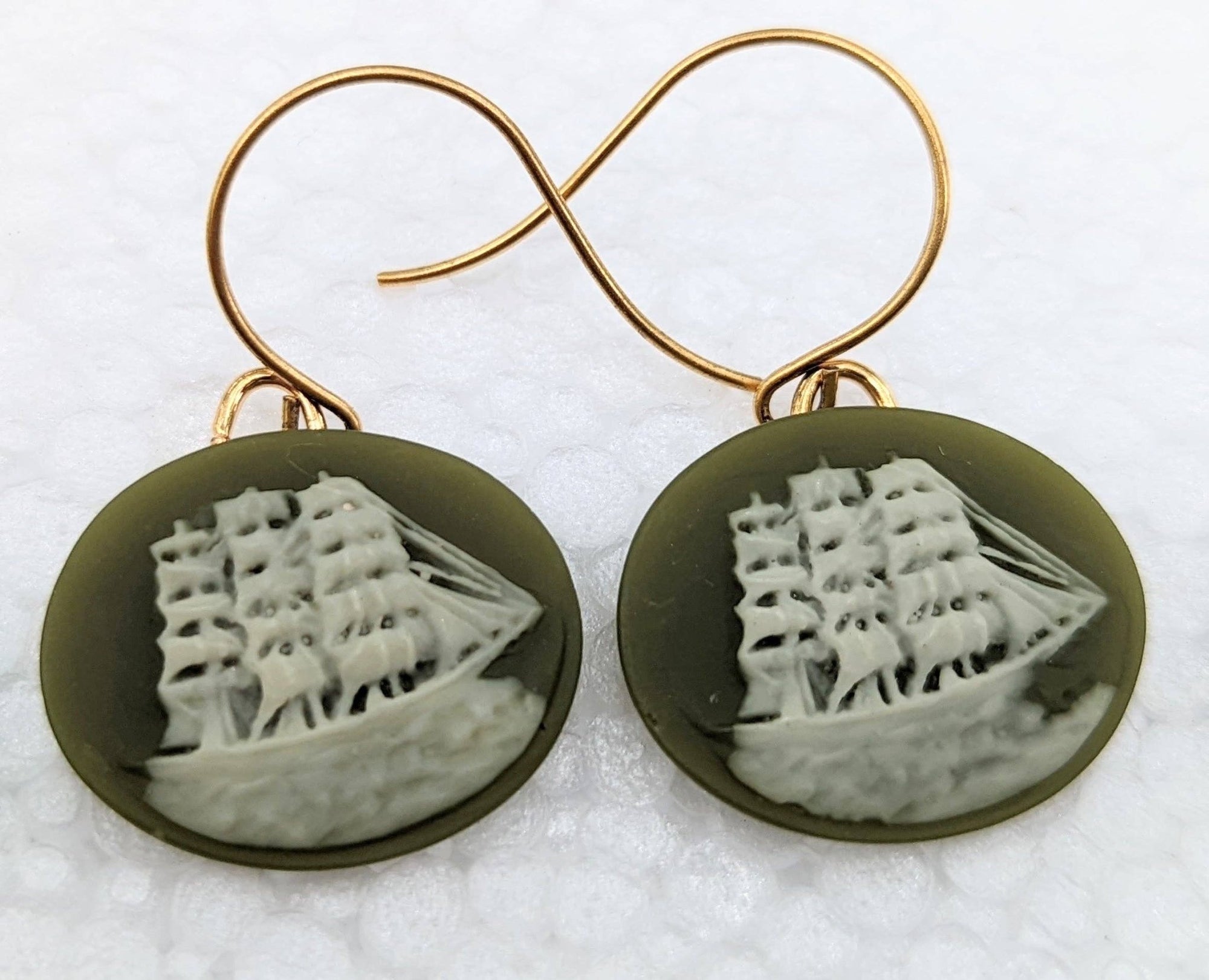Vintage Tall Ship Cameo Earrings - Box Turtle