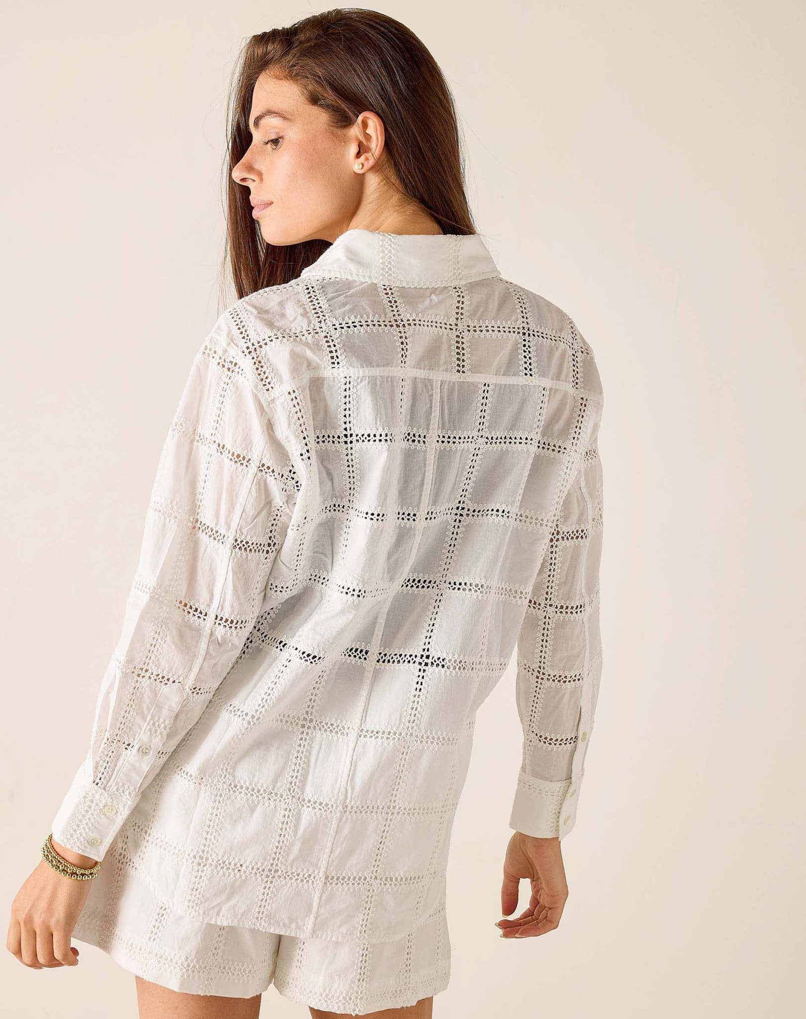 White Bronte Crochet Button Up - Box Turtle