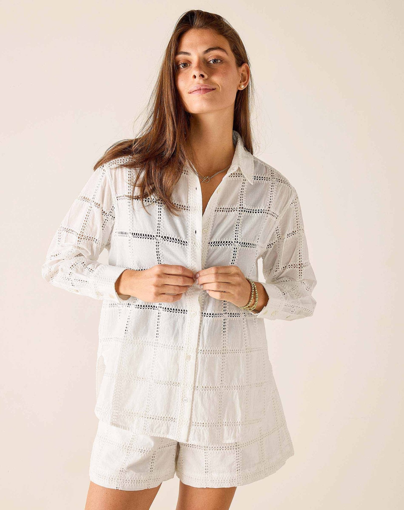 White Bronte Crochet Button Up - Box Turtle