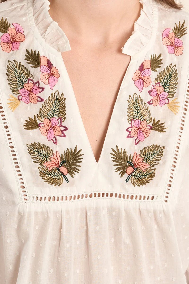 White Floral & Greenery Embroidered Blouse - Box Turtle